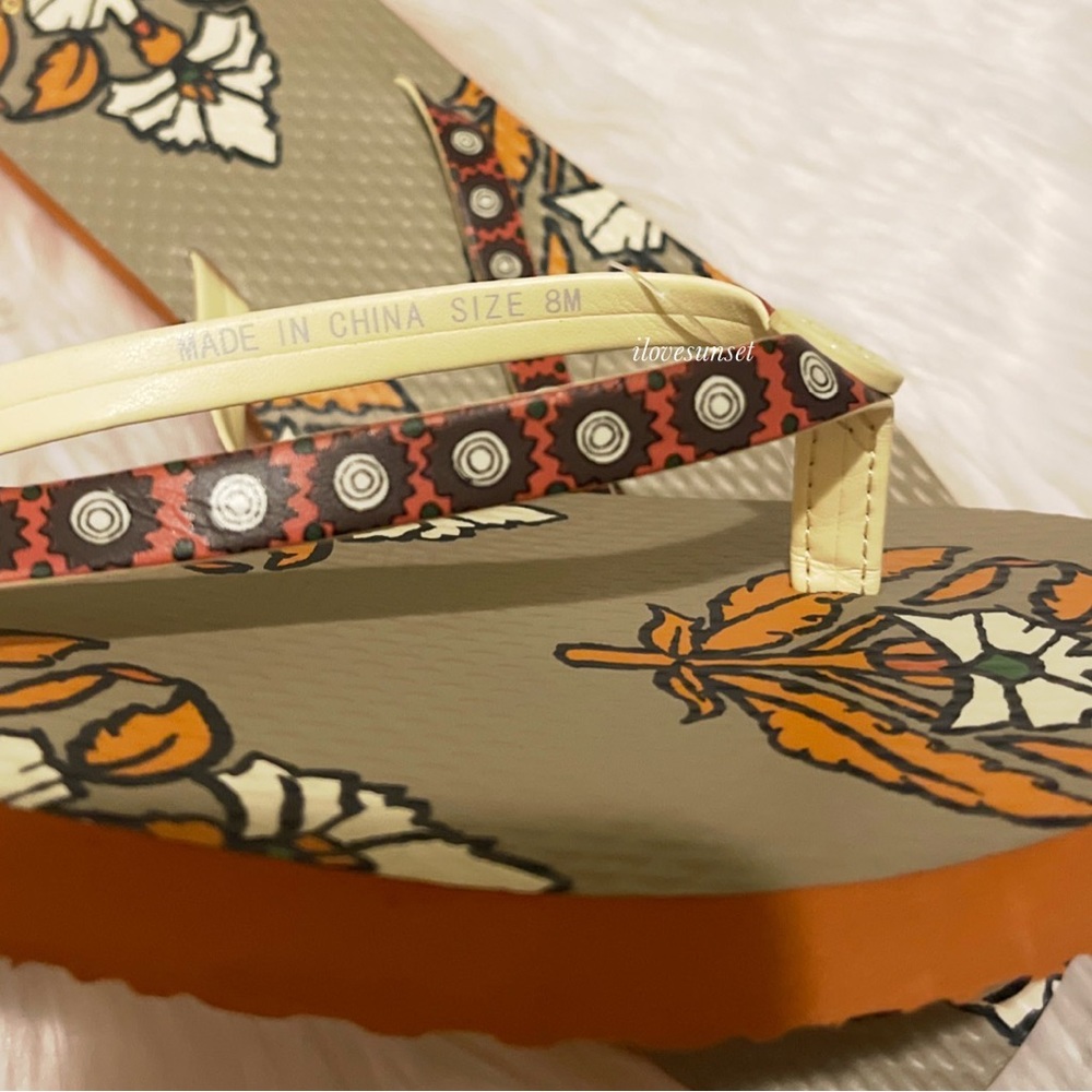 {Tory Burch} Orange Floral Flat Flip Flops with Leather Straps - Ivory Logo - Picture 7 of 7